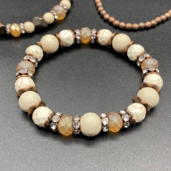 3pc Elegant Beaded Bracelet Set in Cream, Brown and Gold Tones - Picture 4 of 8